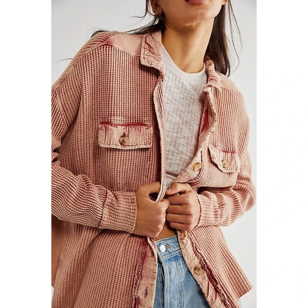 Free‎ People FP One Scout Jacket Salmon Oversized Waffle Knit Thermal Top Size S